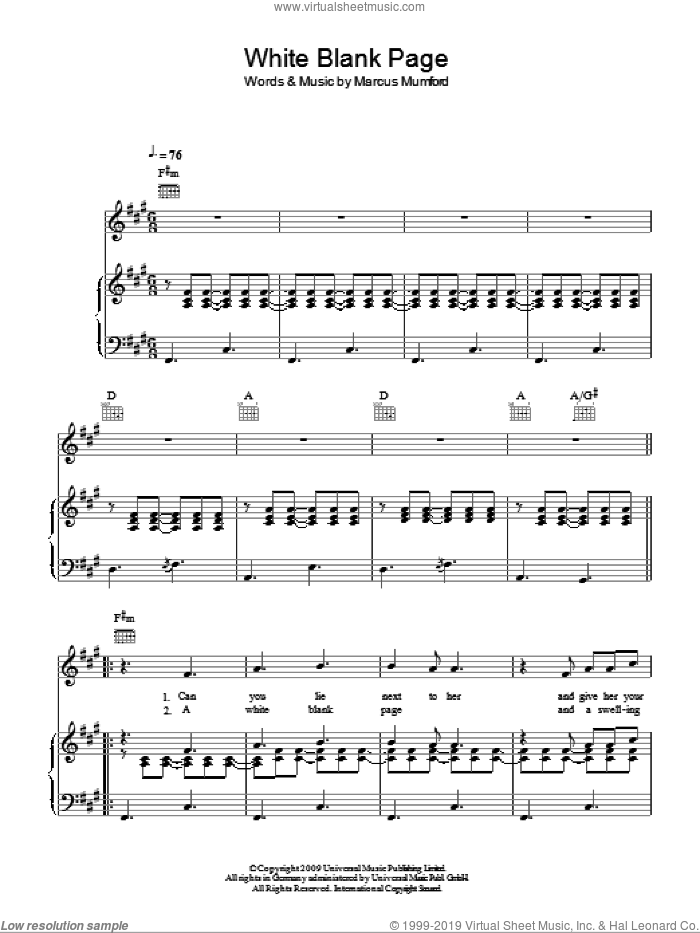 White Blank Page sheet music for voice, piano or guitar by Mumford & Sons and Marcus Mumford, intermediate skill level