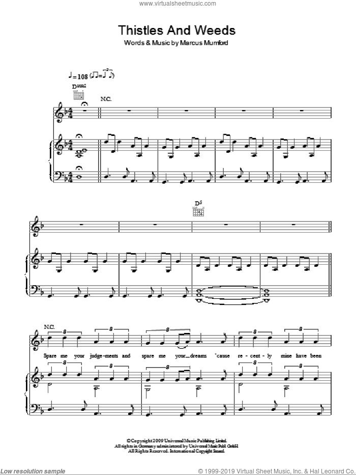 Thistle And Weeds sheet music for voice, piano or guitar by Mumford & Sons and Marcus Mumford, intermediate skill level