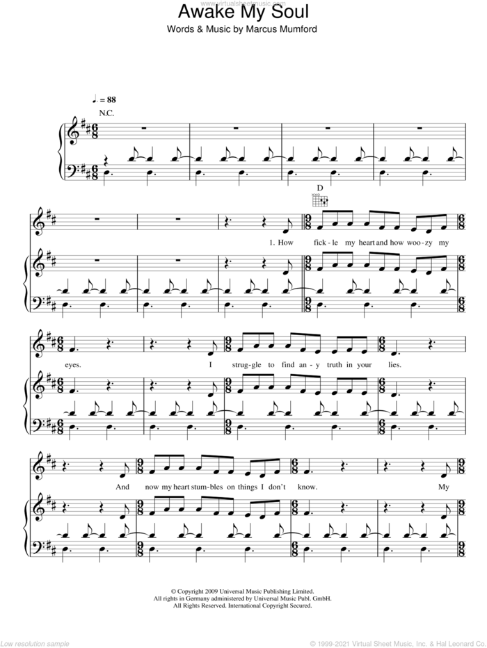 Awake My Soul sheet music for voice, piano or guitar by Mumford & Sons and Marcus Mumford, intermediate skill level