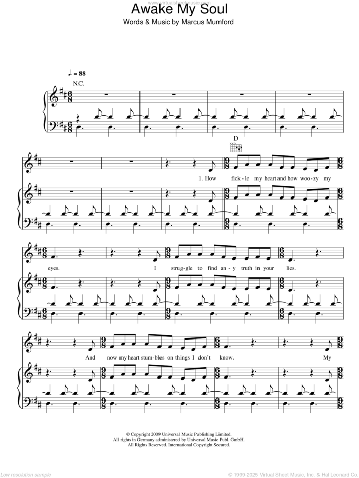 Awake My Soul sheet music for voice, piano or guitar by Mumford & Sons and Marcus Mumford, intermediate skill level