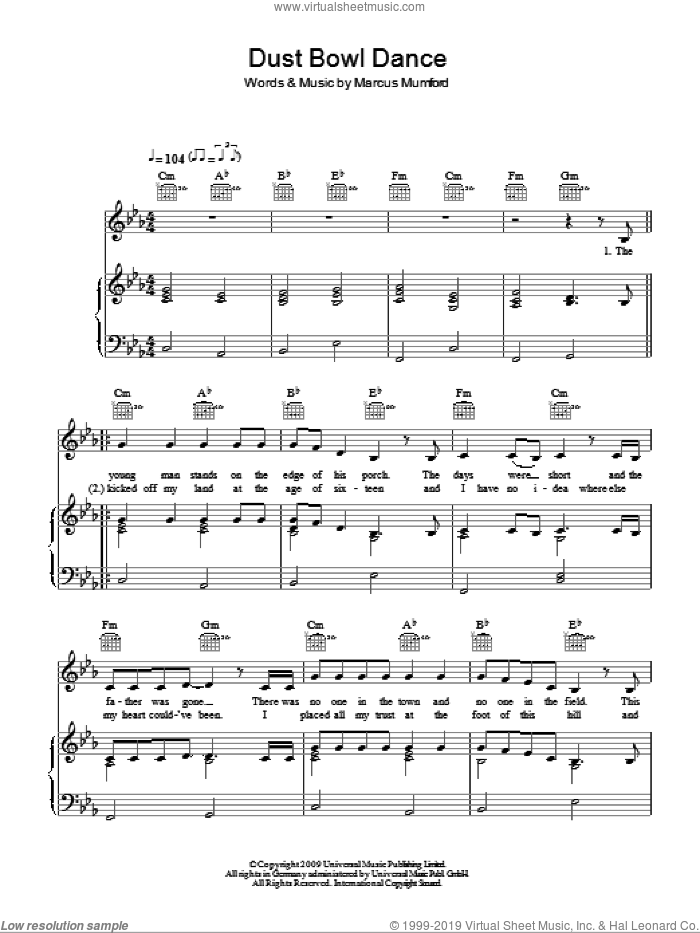 Dust Bowl Dance sheet music for voice, piano or guitar by Mumford & Sons and Marcus Mumford, intermediate skill level