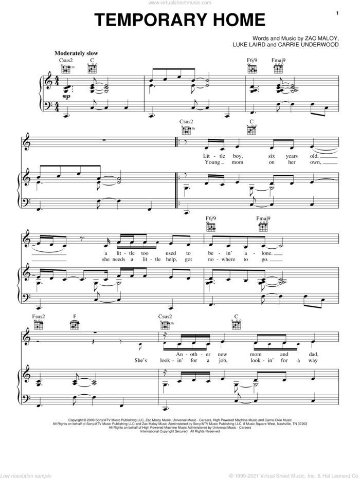 Temporary Home sheet music for voice, piano or guitar by Carrie Underwood, Luke Laird and Zac Maloy, intermediate skill level
