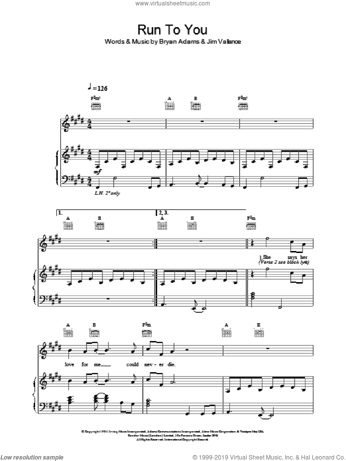 Run To You sheet music for voice, piano or guitar by Bryan Adams, intermediate skill level