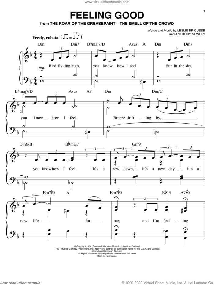 Feeling Good, (easy) sheet music for piano solo by Michael Buble, Nina Simone, Anthony Newley and Leslie Bricusse, easy skill level