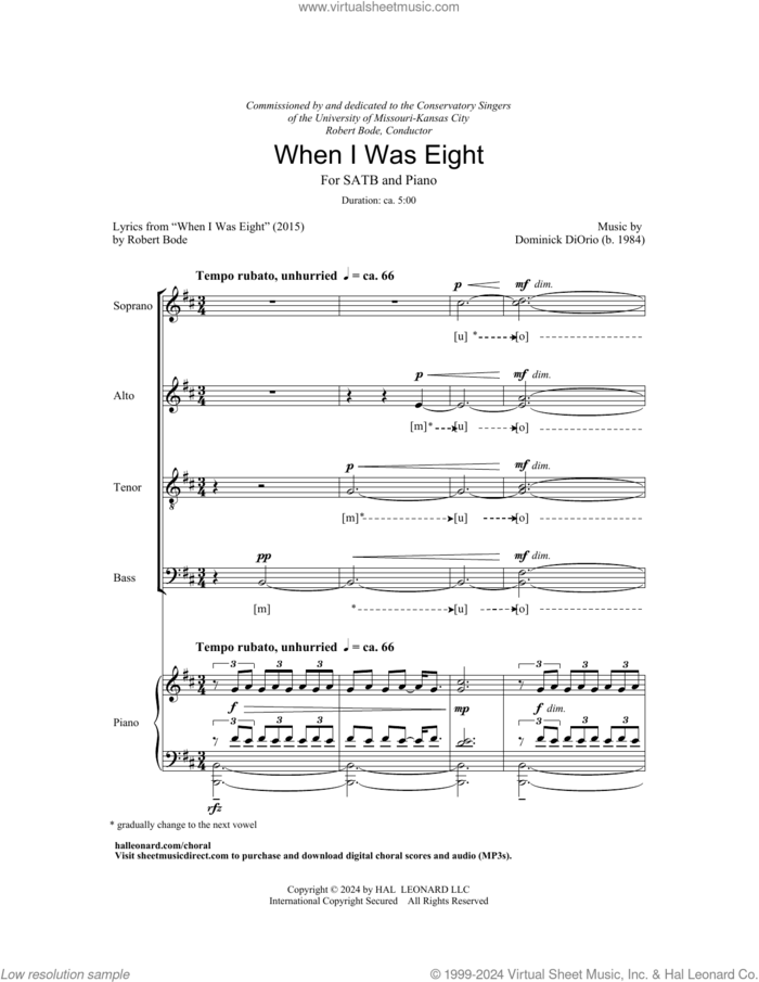 When I Was Eight sheet music for choir (SATB: soprano, alto, tenor, bass) by Dominick DiOrio, Richard Bjella and Robert Bode, intermediate skill level