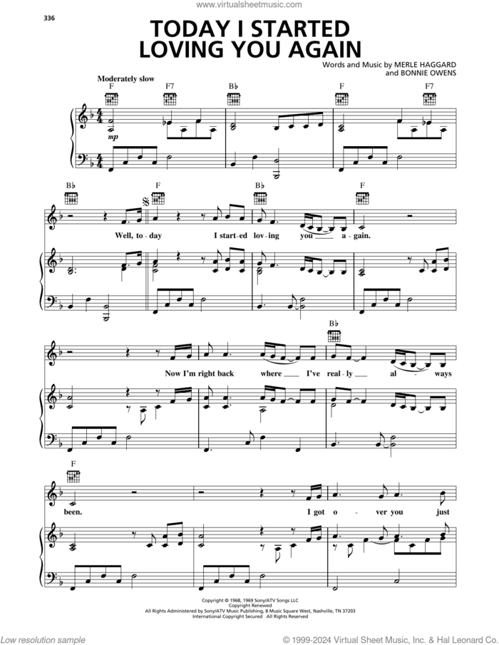 Today I Started Loving You Again sheet music for voice, piano or guitar by Merle Haggard and Bonnie Owens, intermediate skill level