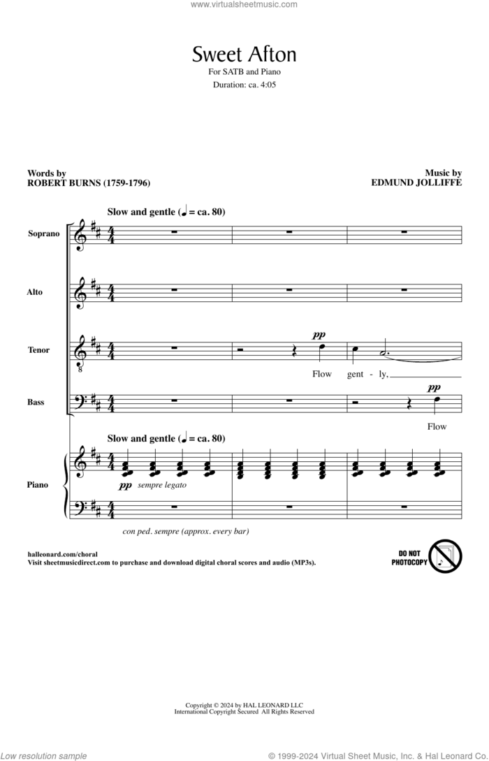 Sweet Afton sheet music for choir (SATB: soprano, alto, tenor, bass) by Edmund Jolliffe and Robert Burns, intermediate skill level