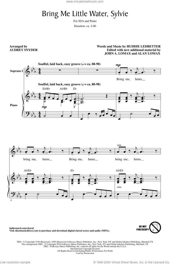 Bring Me Little Water, Silvie sheet music for choir (SSA: soprano, alto) by Huddie Ledbetter, Audrey Snyder, Lead Belly and John A. Lomax, intermediate skill level