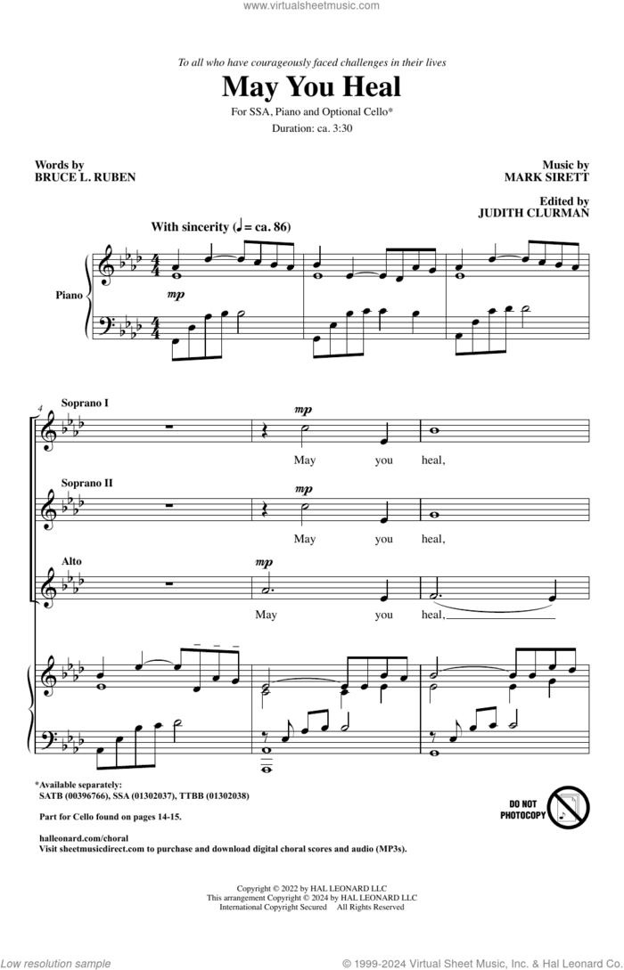 May You Heal sheet music for choir (SSA: soprano, alto) by Mark Sirett and Bruce Ruben, intermediate skill level