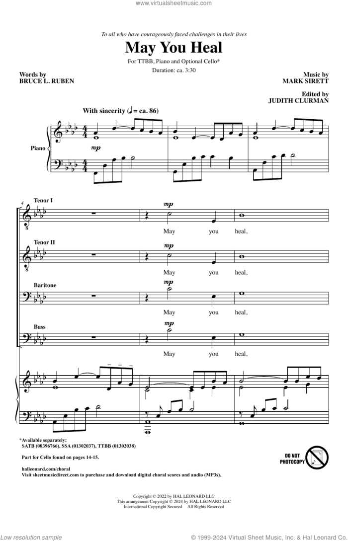 May You Heal sheet music for choir (TTBB: tenor, bass) by Mark Sirett and Bruce Ruben, intermediate skill level