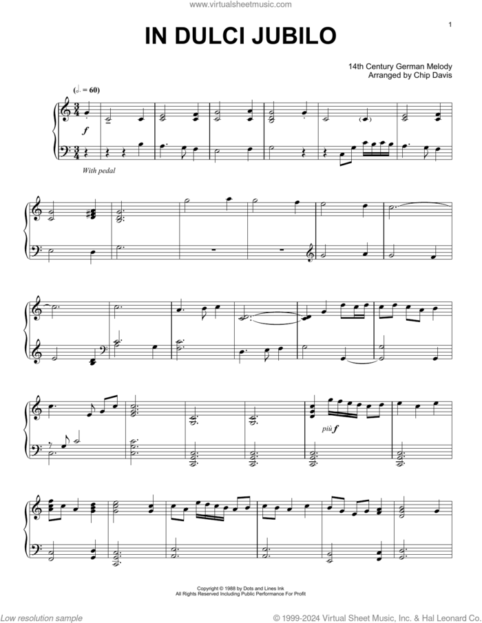 In Dulci Jubilo sheet music for piano solo by Mannheim Steamroller, Chip Davis and 14th Century German Melody, intermediate skill level