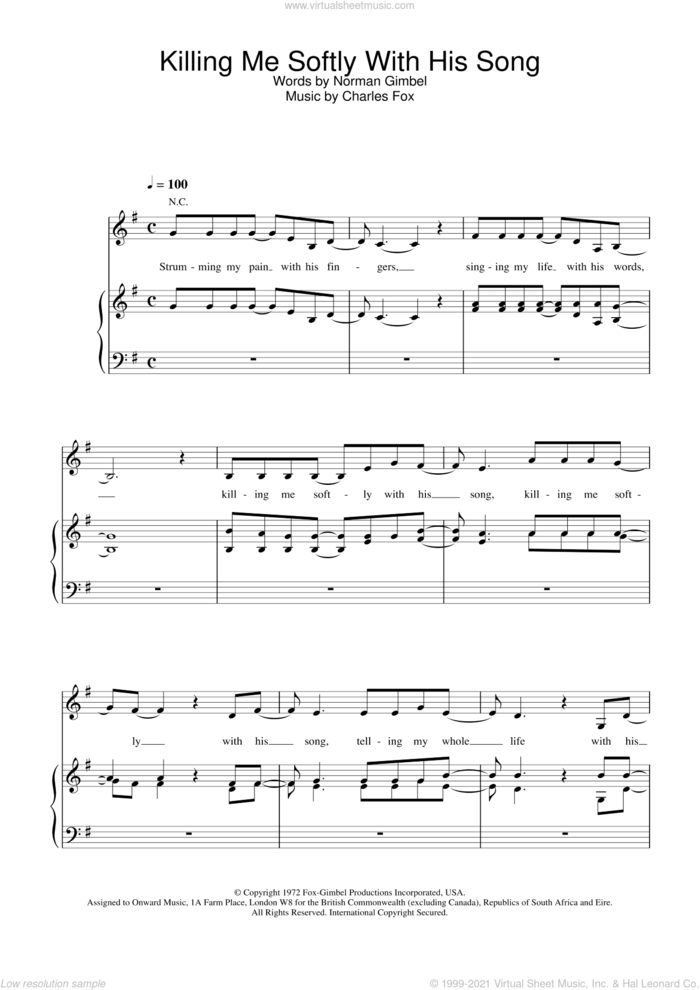 Killing Me Softly With His Song sheet music for voice, piano or guitar by Roberta Flack, The Fugees, Charles Fox and Norman Gimbel, intermediate skill level