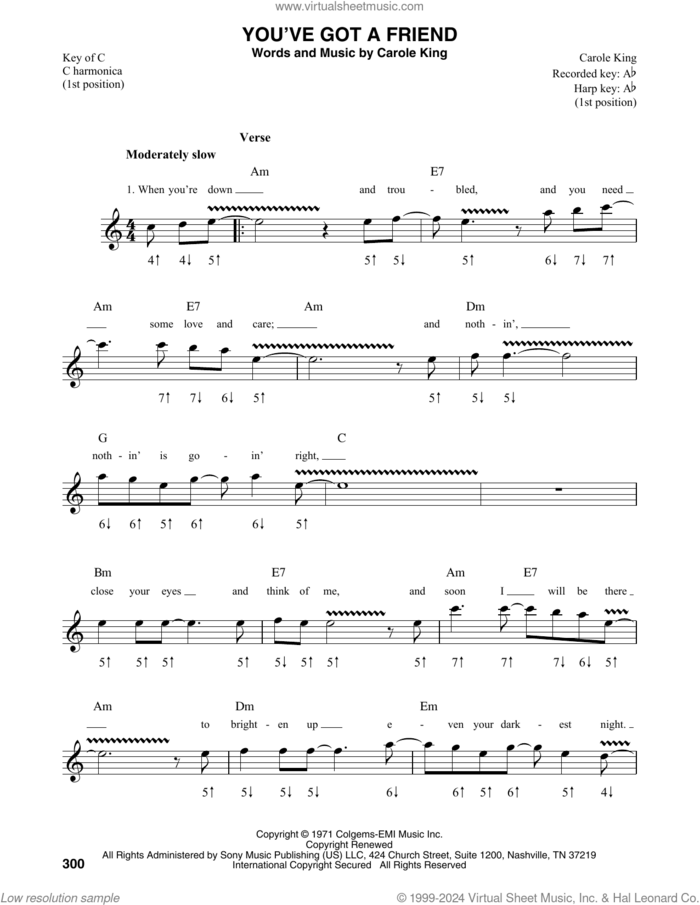 You've Got A Friend sheet music for harmonica solo by Carole King and James Taylor, intermediate skill level