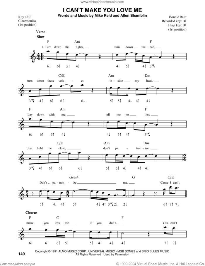 I Can't Make You Love Me sheet music for harmonica solo by Bonnie Raitt, George Michael, Allen Shamblin and Mike Reid, intermediate skill level