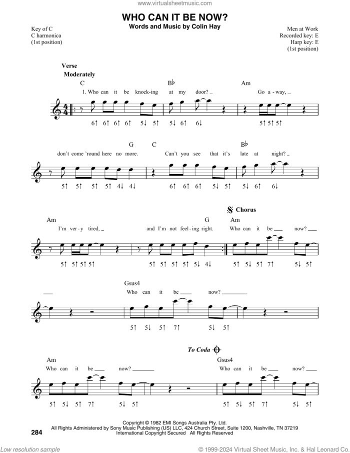 Who Can It Be Now? sheet music for harmonica solo by Men At Work and Colin Hay, intermediate skill level