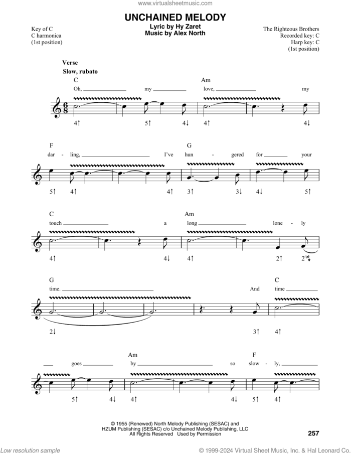 Unchained Melody sheet music for harmonica solo by The Righteous Brothers, Al Hibbler, Barry Manilow, Elvis Presley, Les Baxter, Alex North and Hy Zaret, intermediate skill level