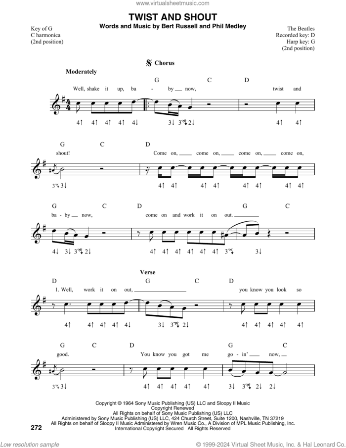 Twist And Shout sheet music for harmonica solo by The Beatles, The Isley Brothers, Bert Russell and Phil Medley, intermediate skill level