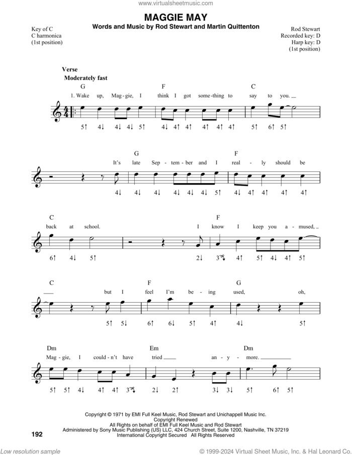 Maggie May sheet music for harmonica solo by Rod Stewart and Martin Quittenton, intermediate skill level