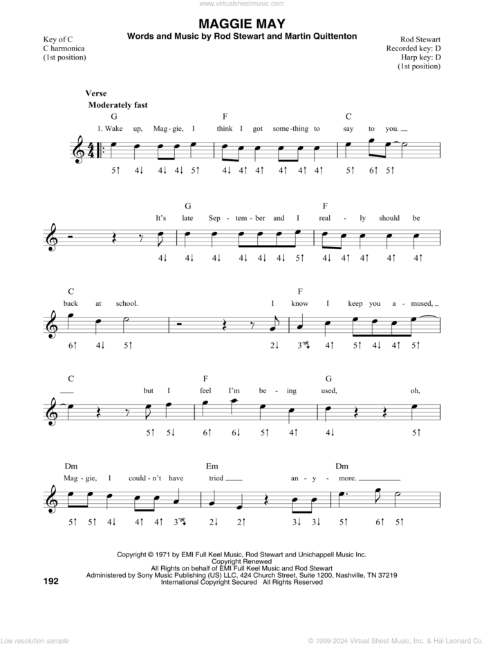 Maggie May sheet music for harmonica solo by Rod Stewart and Martin Quittenton, intermediate skill level