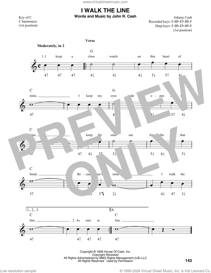 I Walk The Line sheet music for harmonica solo by Johnny Cash, intermediate skill level