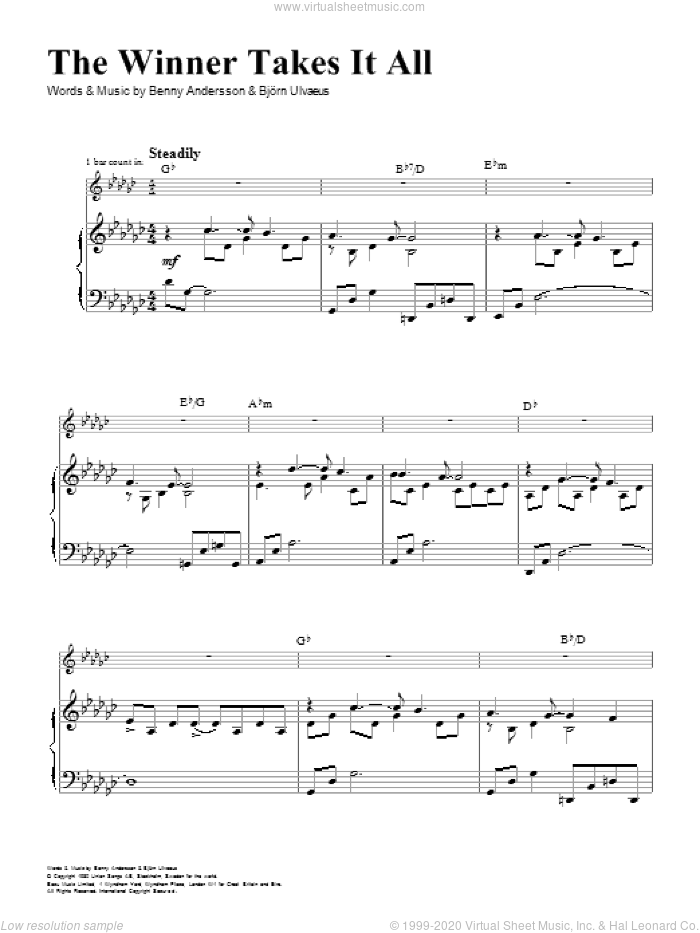 The Winner Takes It All sheet music for voice, piano or guitar by ANDERSSON, ABBA and Bjorn Ulvaeus, intermediate skill level