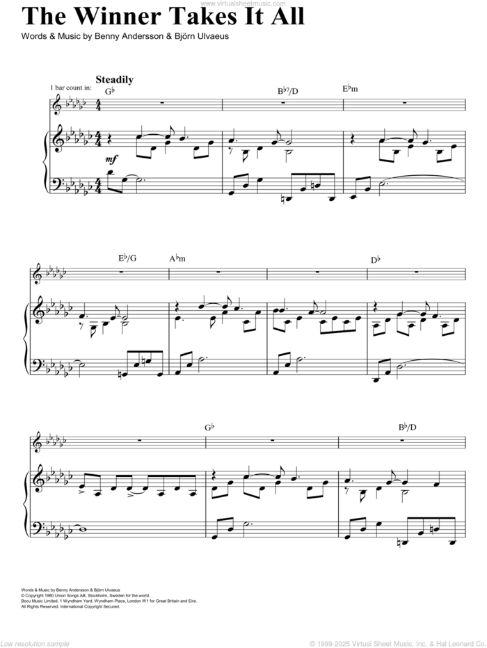 The Winner Takes It All sheet music for voice, piano or guitar by ANDERSSON, ABBA and Bjorn Ulvaeus, intermediate skill level