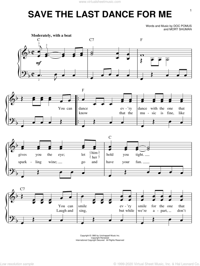 Save The Last Dance For Me sheet music for piano solo by Michael Buble, Doc Pomus, Jerome Pomus, Mort Shuman and The Drifters, easy skill level