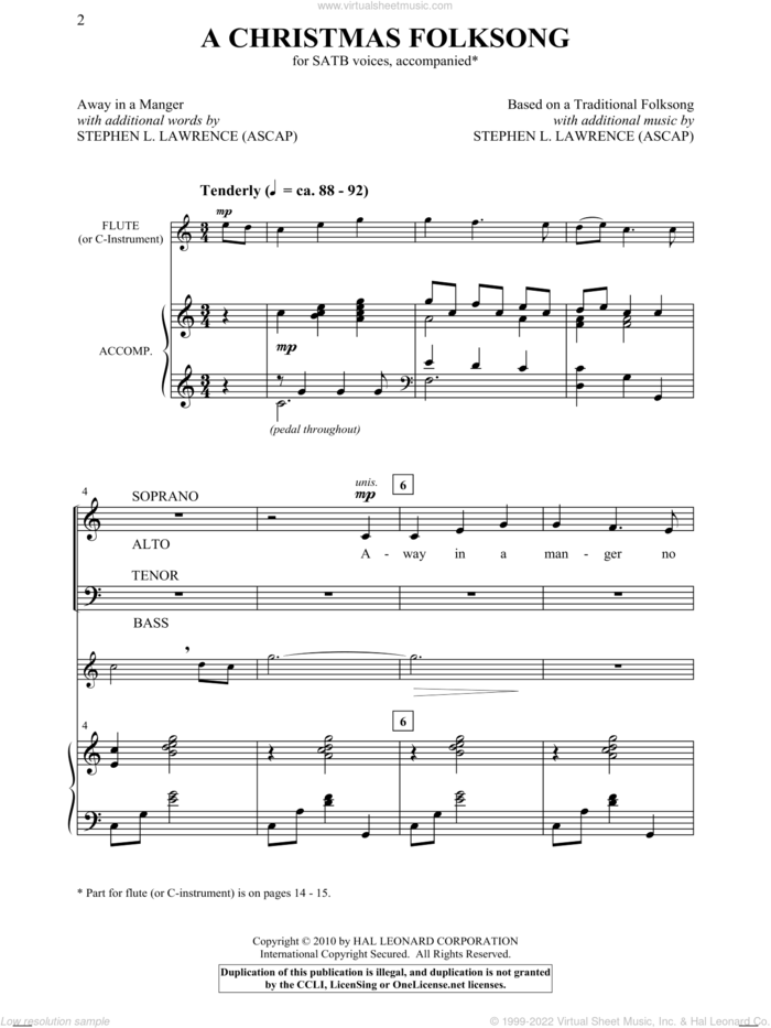 A Christmas Folksong sheet music for choir (SATB: soprano, alto, tenor, bass) by Steve Lawrence, intermediate skill level