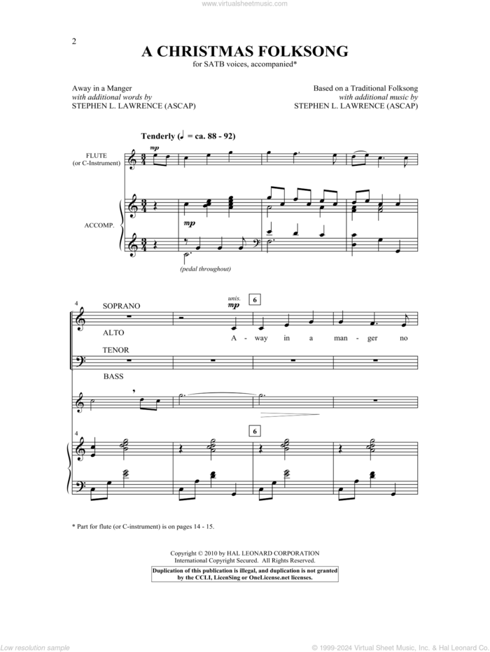 A Christmas Folksong sheet music for choir (SATB: soprano, alto, tenor, bass) by Steve Lawrence, intermediate skill level