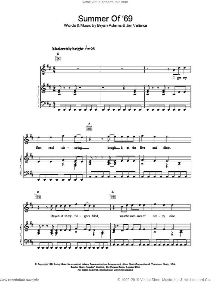 Summer Of '69 sheet music for voice, piano or guitar by B.ADAMS, Bryan Adams and Jim Vallance, intermediate skill level