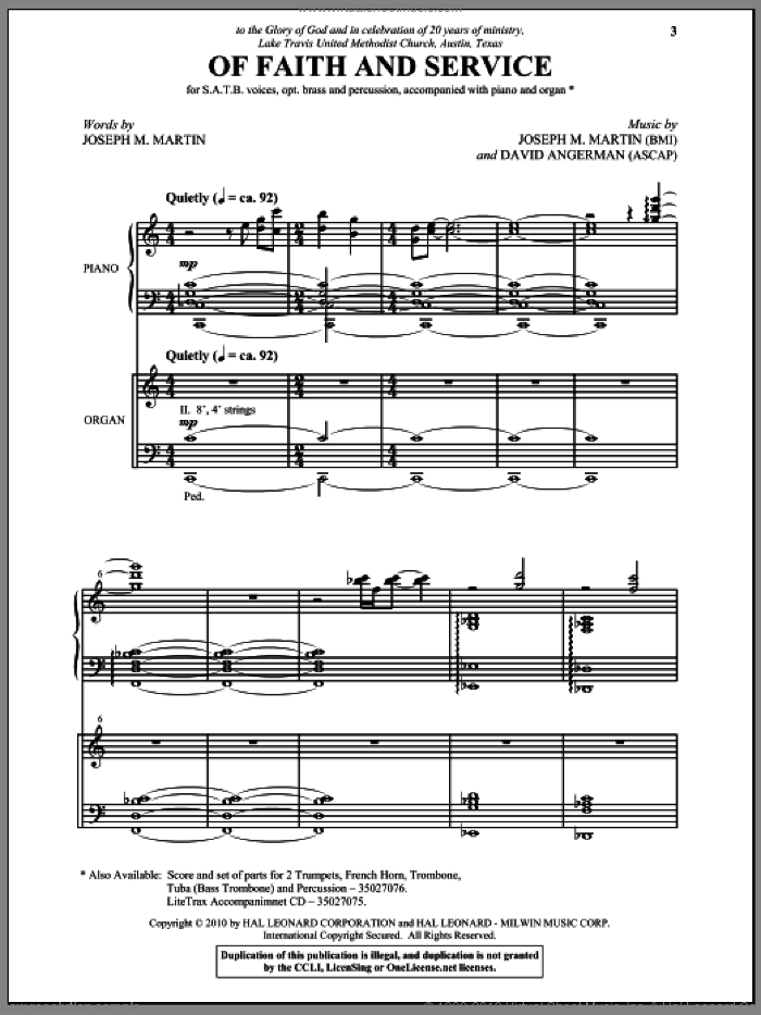 Of Faith And Service sheet music for choir (SATB: soprano, alto, tenor, bass) by Joseph M. Martin and David Angerman, intermediate skill level