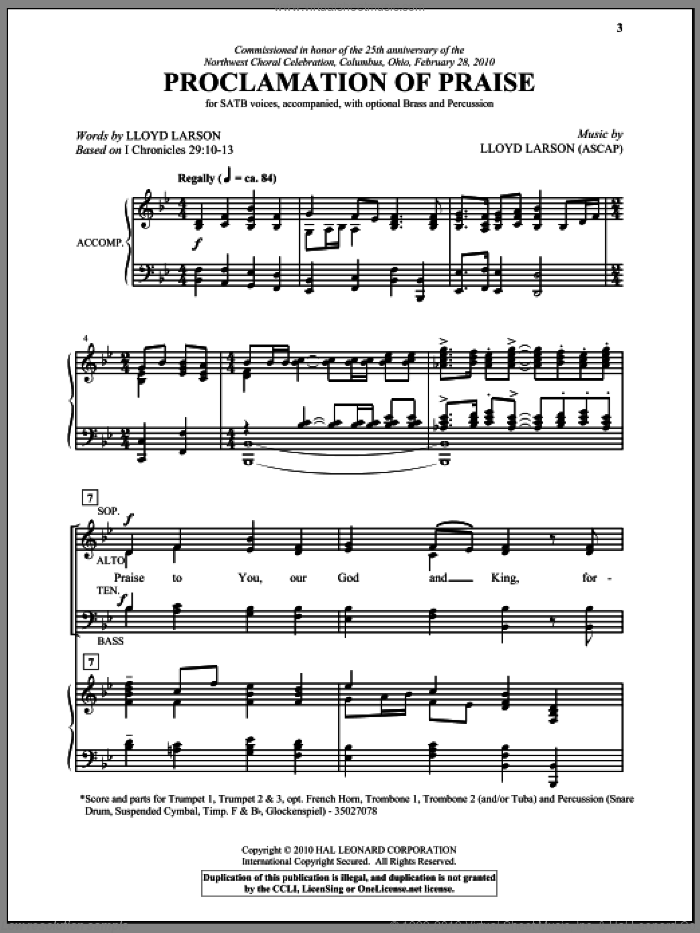 Proclamation Of Praise sheet music for choir (SATB: soprano, alto, tenor, bass) by Lloyd Larson, intermediate skill level
