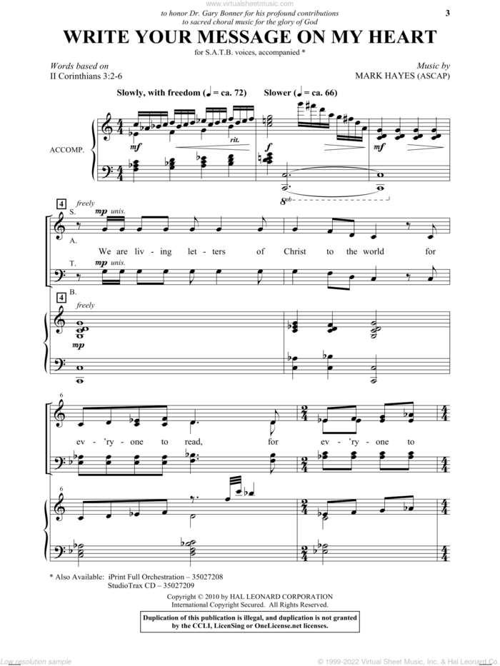 Write Your Message On My Heart sheet music for choir (SATB: soprano, alto, tenor, bass) by Mark Hayes, intermediate skill level