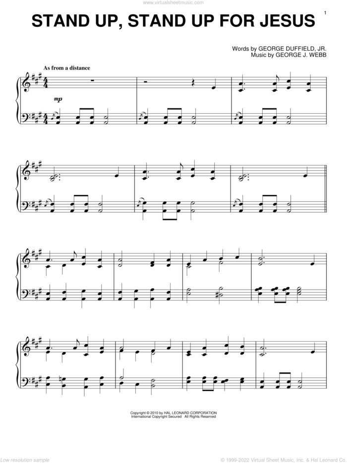 Stand Up, Stand Up For Jesus sheet music for piano solo by George Webb and George Duffield, Jr., intermediate skill level