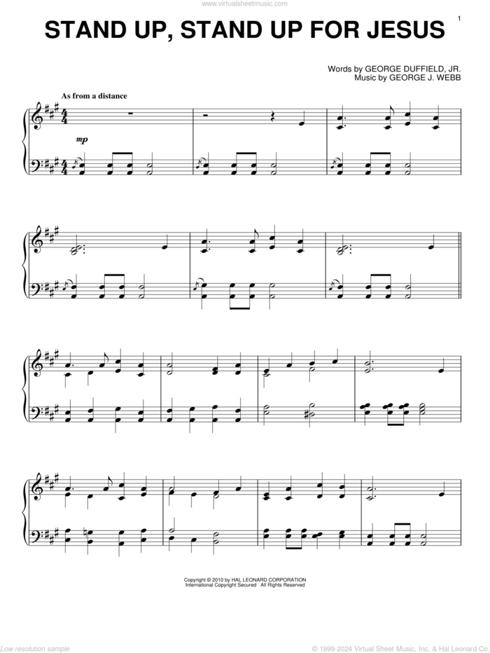 Stand Up, Stand Up For Jesus sheet music for piano solo by George Webb and George Duffield, Jr., intermediate skill level