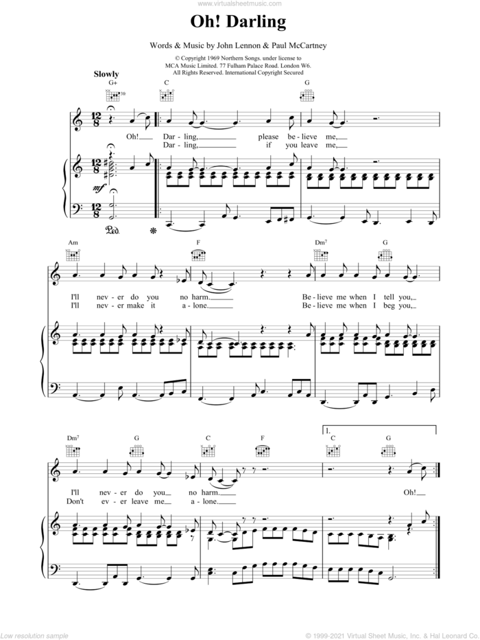 Oh Darling sheet music for voice, piano or guitar by The Beatles and Paul McCartney, intermediate skill level
