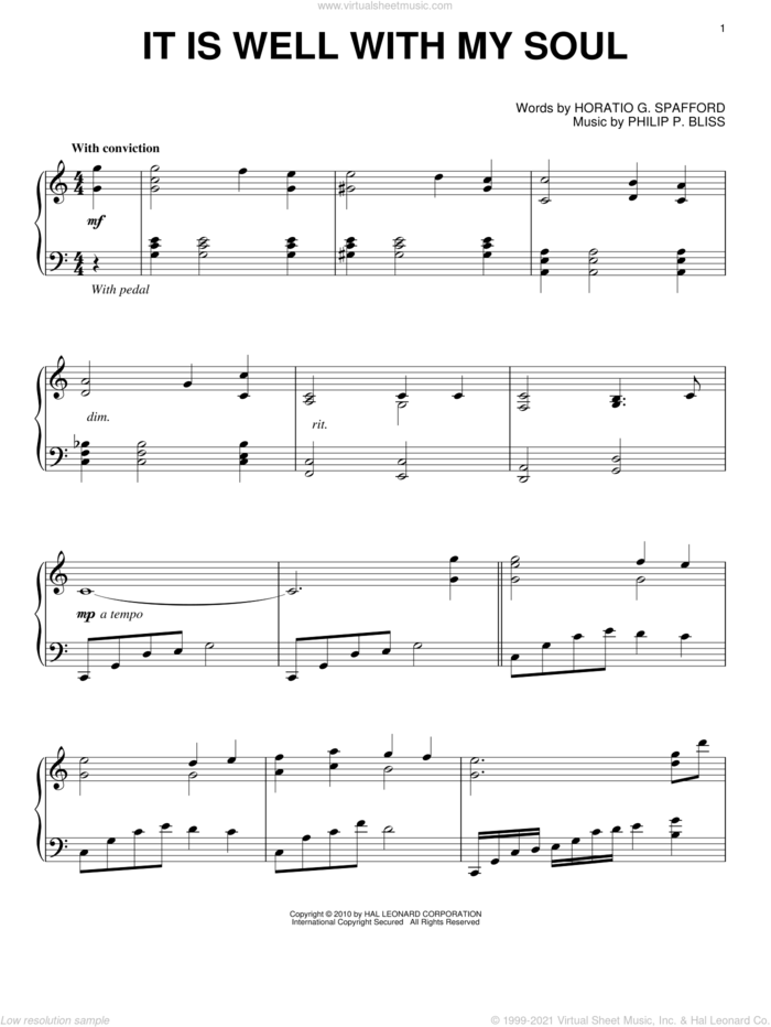 It Is Well With My Soul, (intermediate) sheet music for piano solo by Philip P. Bliss and Horatio G. Spafford, intermediate skill level