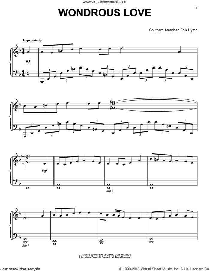 Wondrous Love, (intermediate) sheet music for piano solo, intermediate skill level