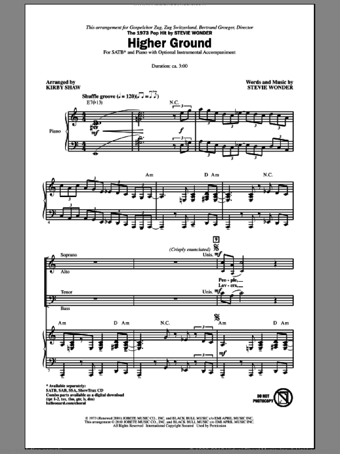 Higher Ground sheet music for choir (SATB: soprano, alto, tenor, bass) by Stevie Wonder and Kirby Shaw, intermediate skill level