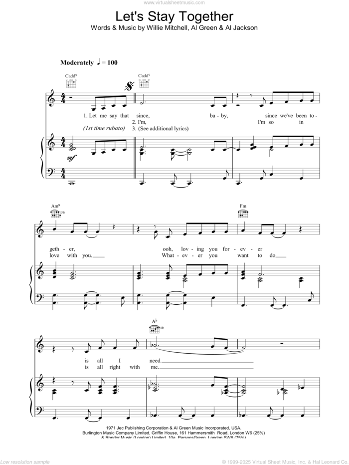 Let's Stay Together sheet music for voice, piano or guitar by Al Green, GREEN, JACKSON and Willie Mitchell, intermediate skill level