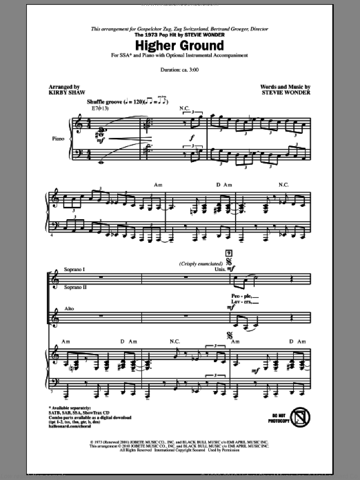 Higher Ground sheet music for choir (SSA: soprano, alto) by Stevie Wonder and Kirby Shaw, intermediate skill level