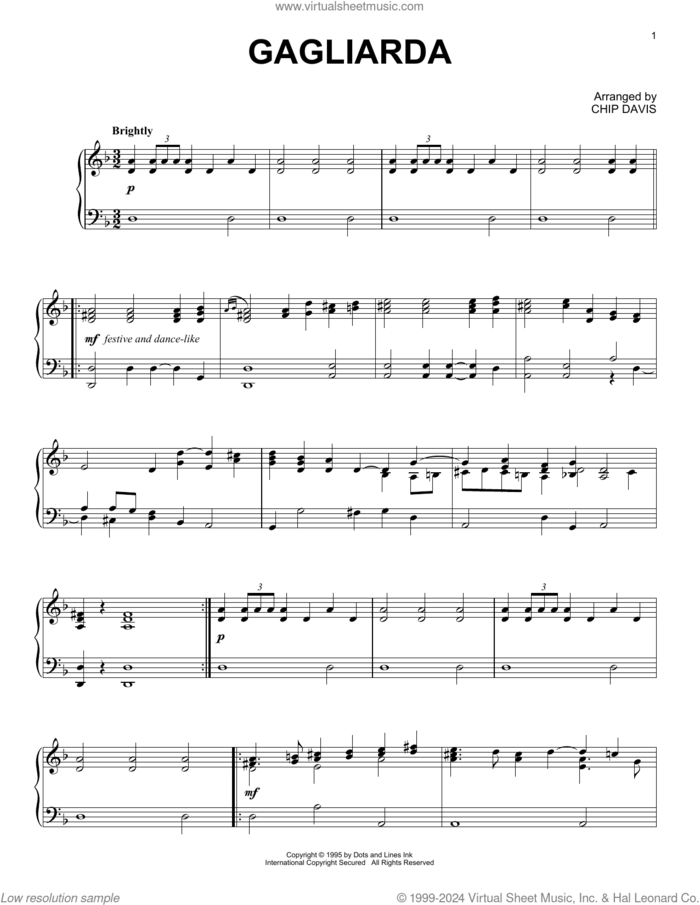 Gagliarda sheet music for piano solo by Mannheim Steamroller and Chip Davis, intermediate skill level