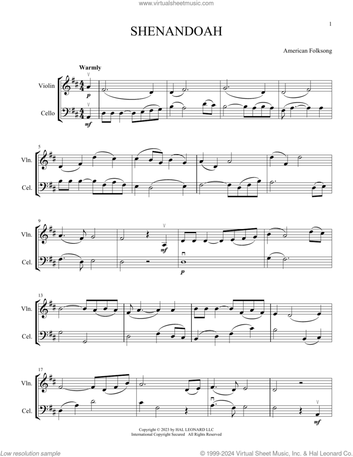 Shenandoah sheet music for instrumental duet (duets) by American Folksong and Michelle Hynson, intermediate skill level