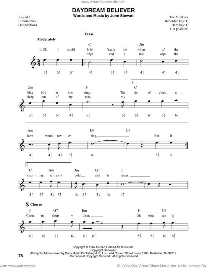 Daydream Believer sheet music for harmonica solo by The Monkees and John Stewart, intermediate skill level