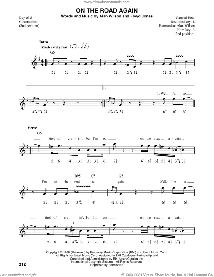 On The Road Again sheet music for harmonica solo by Canned Heat, Alan Wilson and Floyd Jones, intermediate skill level