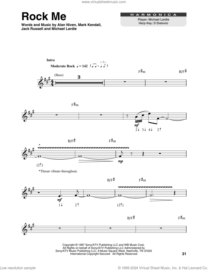 Rock Me sheet music for harmonica solo by Great White, Alan Niven, Jack Russell, Mark Kendall and Michael Lardie, intermediate skill level