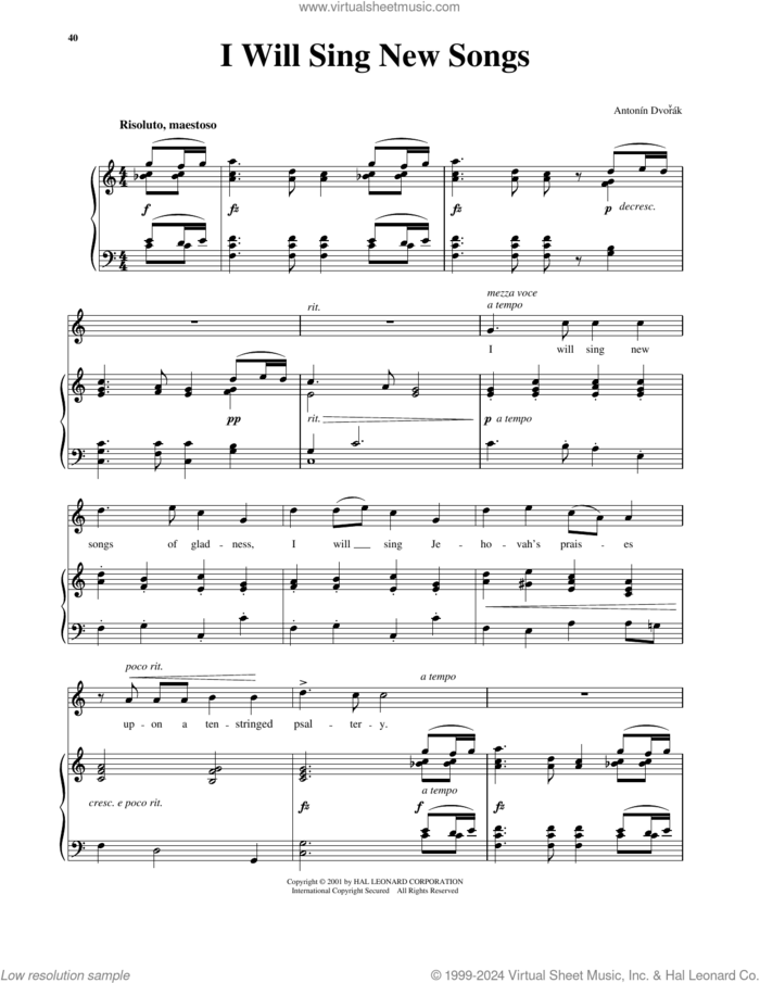 I Will Sing New Songs sheet music for voice and piano (High Voice) by Antonin Dvorak and Richard Walters, classical score, intermediate skill level