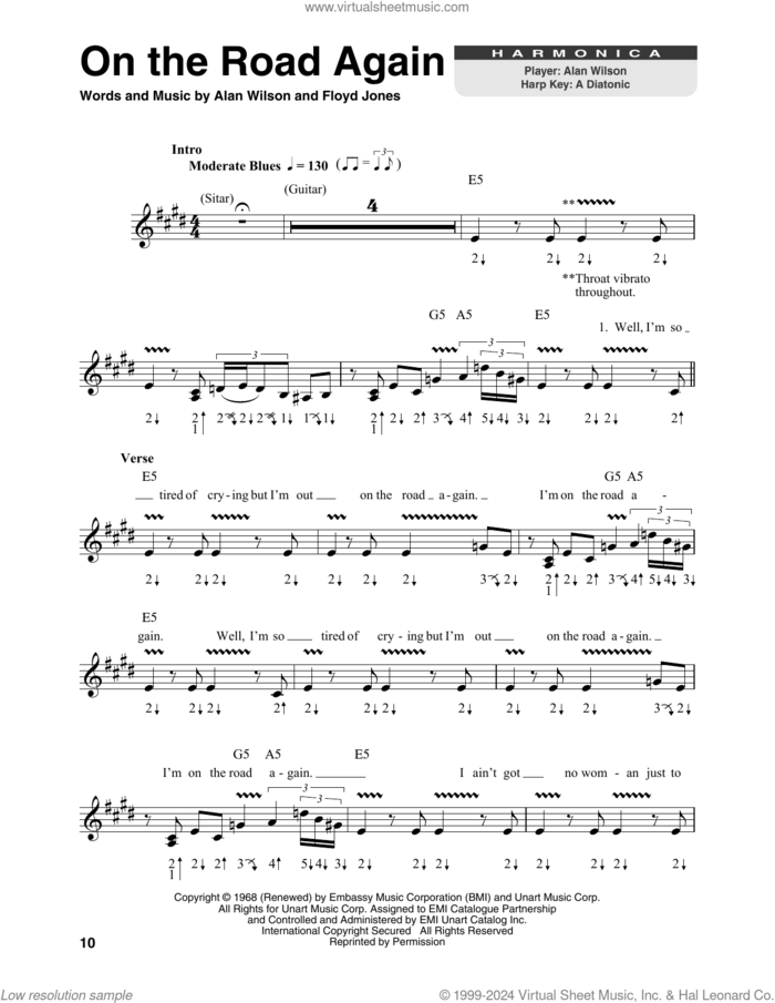 On The Road Again sheet music for harmonica solo by Canned Heat, Alan Wilson and Floyd Jones, intermediate skill level