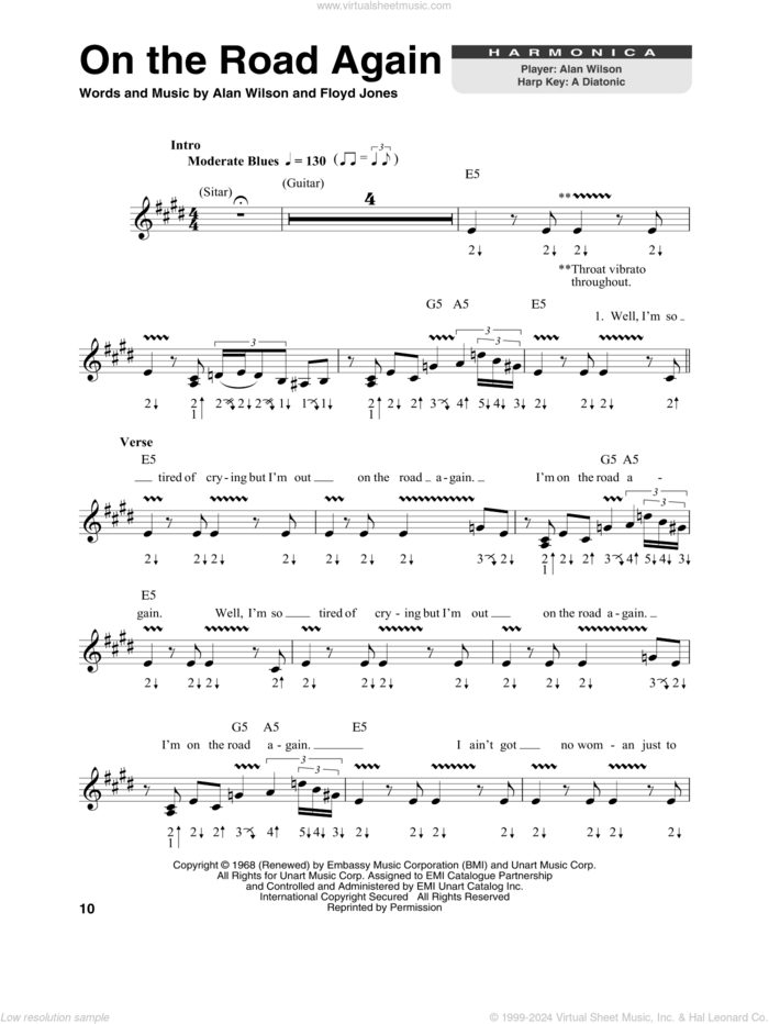 On The Road Again sheet music for harmonica solo by Canned Heat, Alan Wilson and Floyd Jones, intermediate skill level