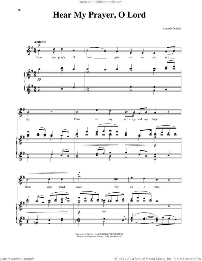 Hear My Prayer, O Lord sheet music for voice and piano (High Voice) by Antonin Dvorak and Richard Walters, classical score, intermediate skill level